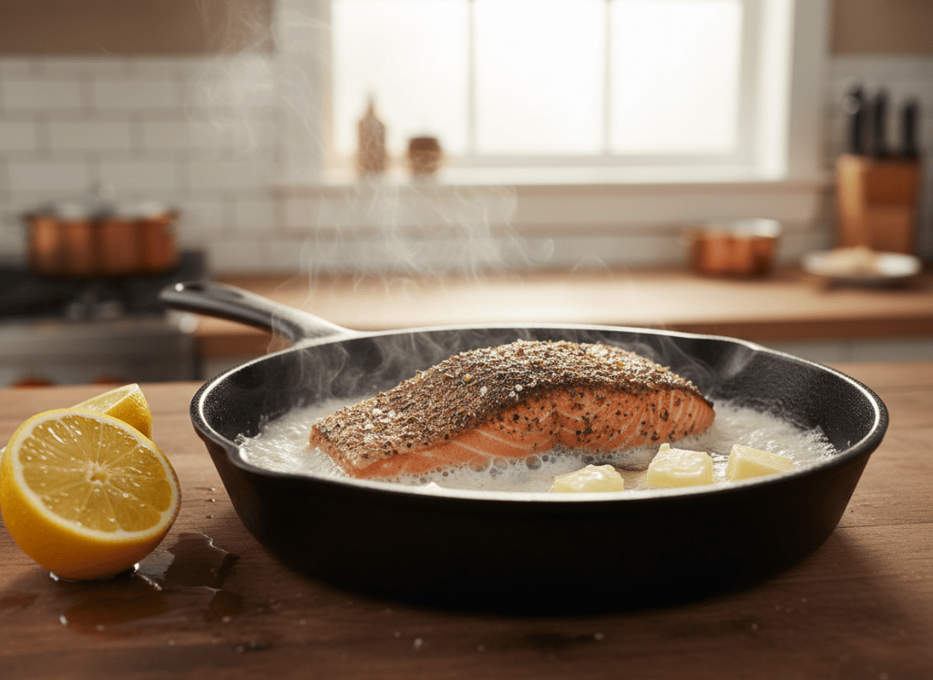 Blackened salmon searing in a hot cast-iron skillet.