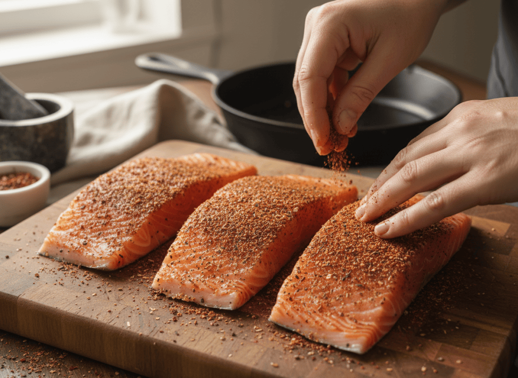 Salmon fillets being coated with a Cajun blackening spice blend.