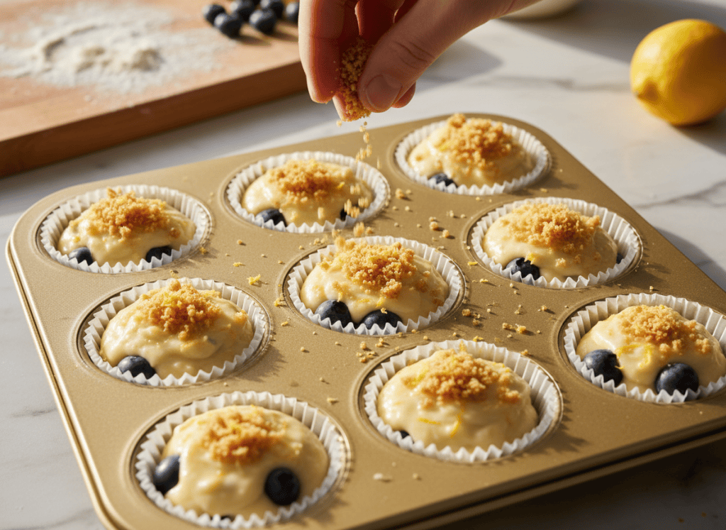 Blueberry lemon muffin batter topped with buttery crumbs before baking.
