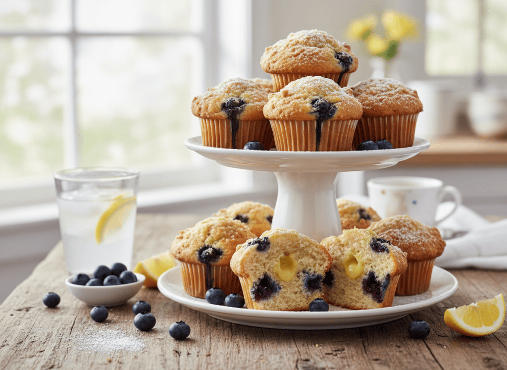 Blueberry lemon muffins with golden crumb topping and tender berry-filled centers.