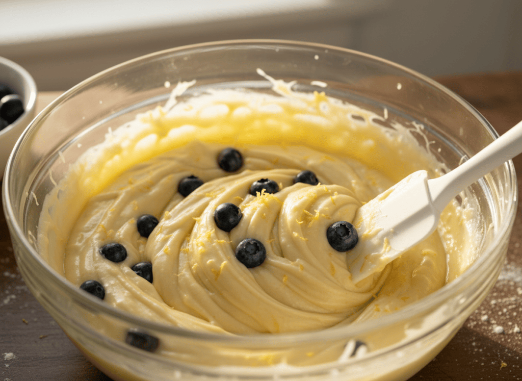 Fresh blueberries being gently folded into lemon muffin batter.