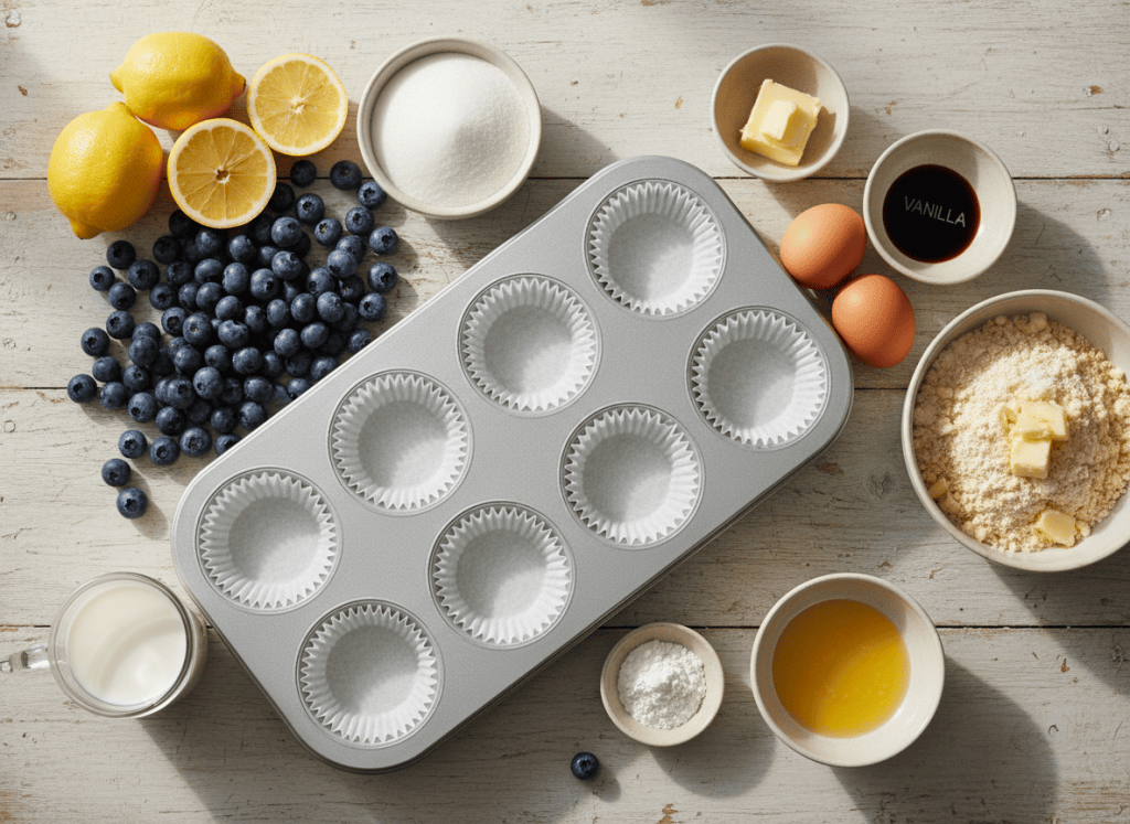 Ingredients for blueberry lemon muffins arranged on a kitchen table.