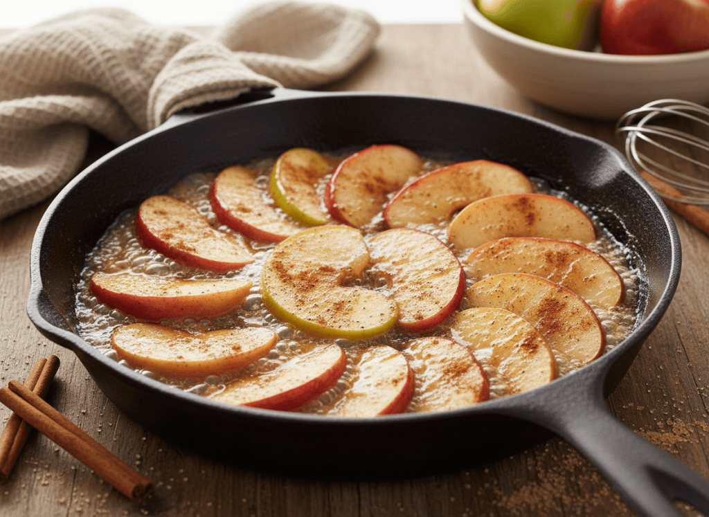 Apple slices caramelizing in butter, brown sugar, and cinnamon in a skillet.