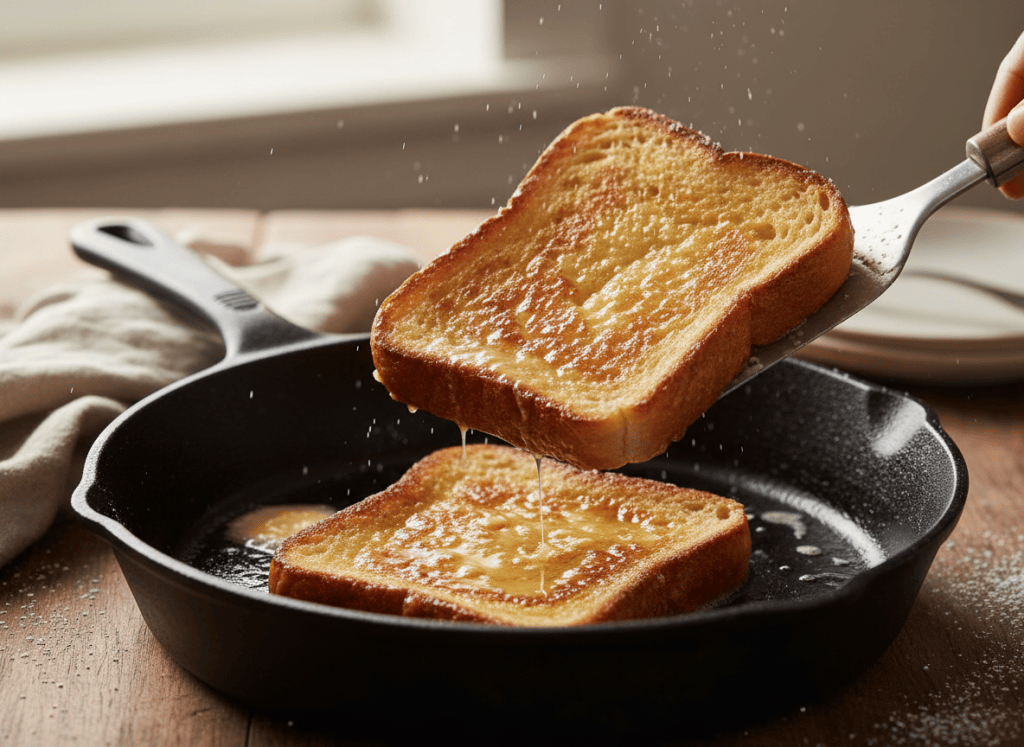 Thick slices of French toast browning in a buttered skillet.