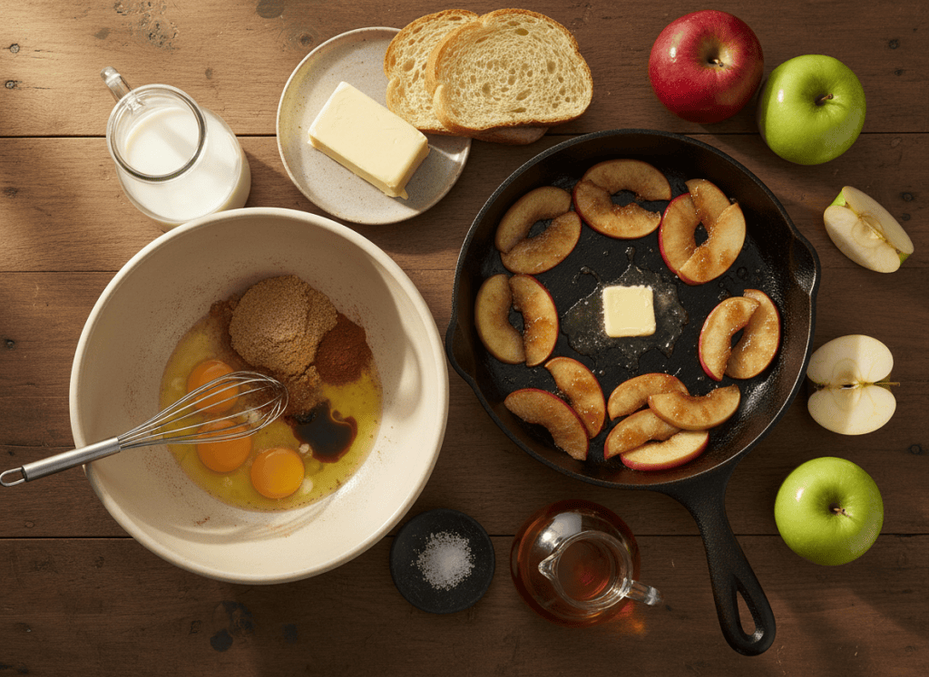 Ingredients for cinnamon French toast with caramelized apples arranged on a kitchen table.