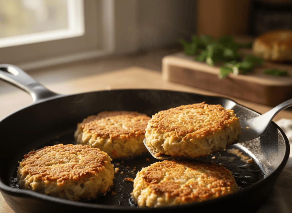 Crab cakes browning to a golden crust in a skillet.
