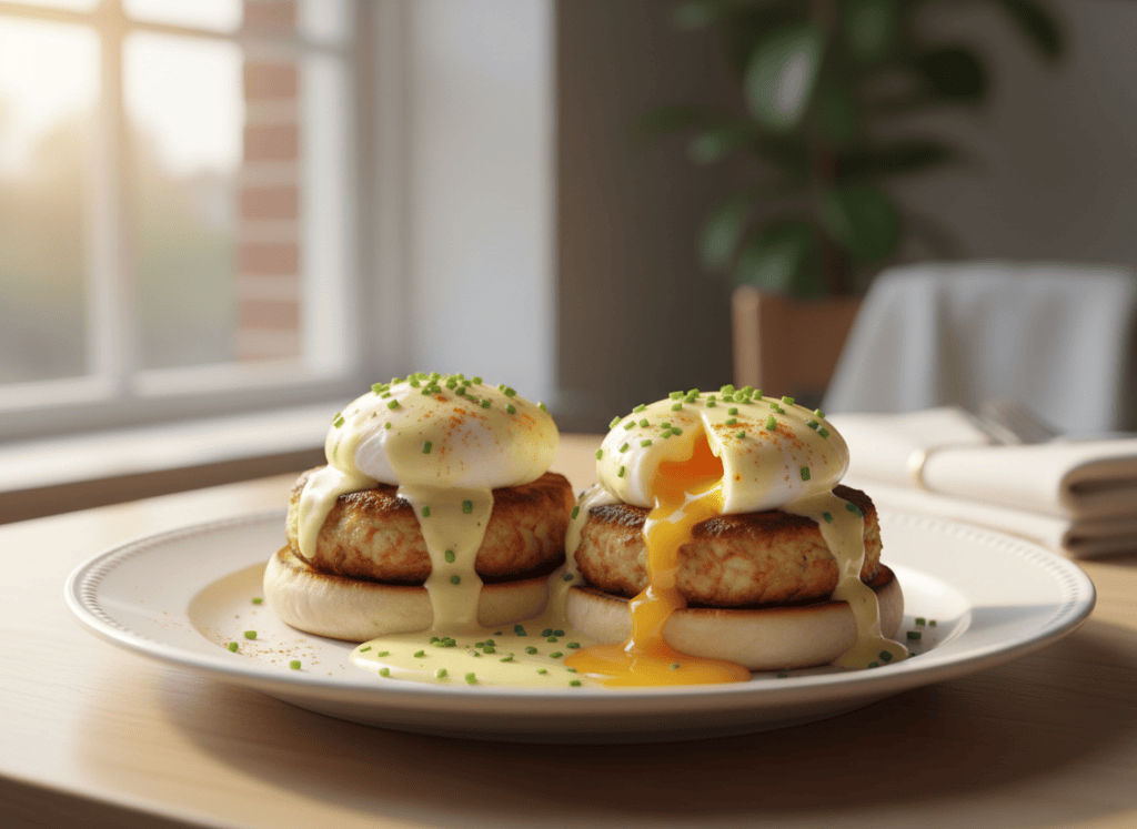 Crab cake eggs Benedict with poached eggs and lemon hollandaise.