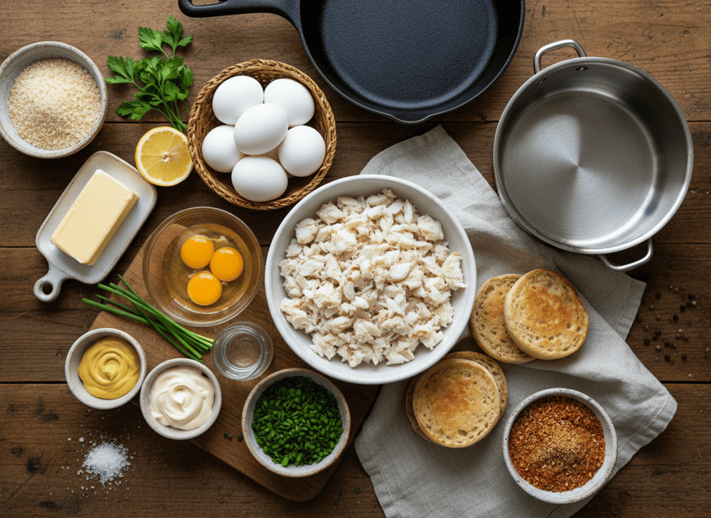 Ingredients for crab cake eggs Benedict arranged on a kitchen table.