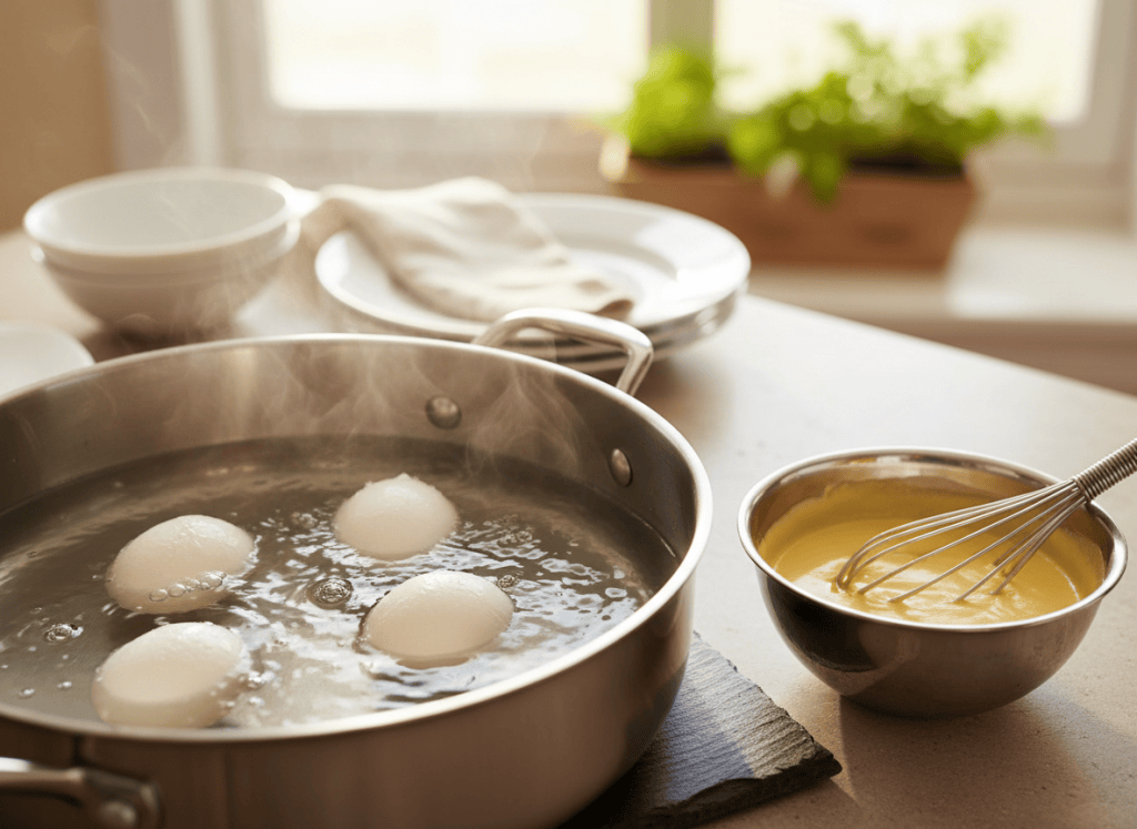 Poached eggs cooking gently beside freshly whisked lemon hollandaise.