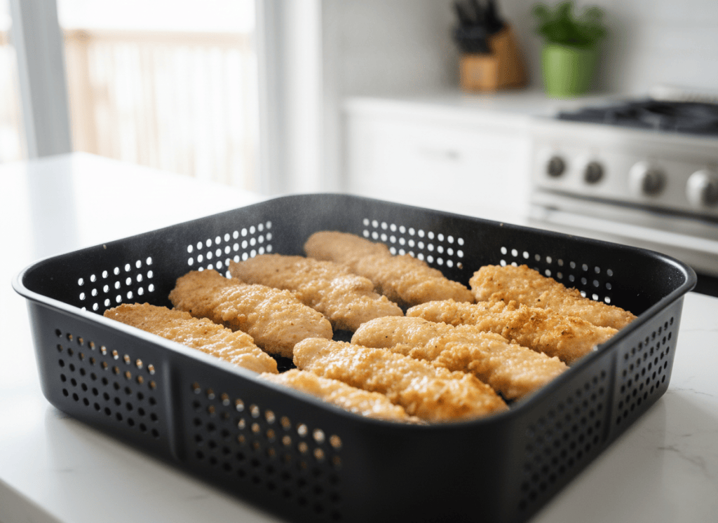 Breaded chicken tenders crisping in a single layer in an air fryer basket.