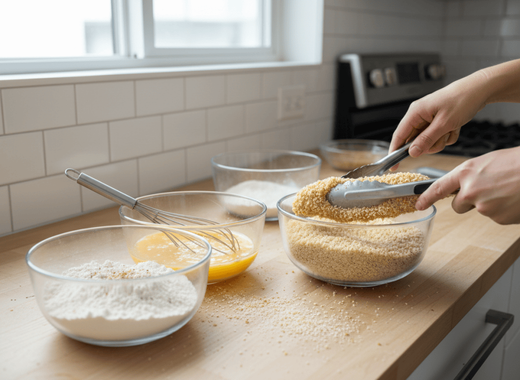 Chicken tenders being coated in flour, egg, and panko breadcrumbs.