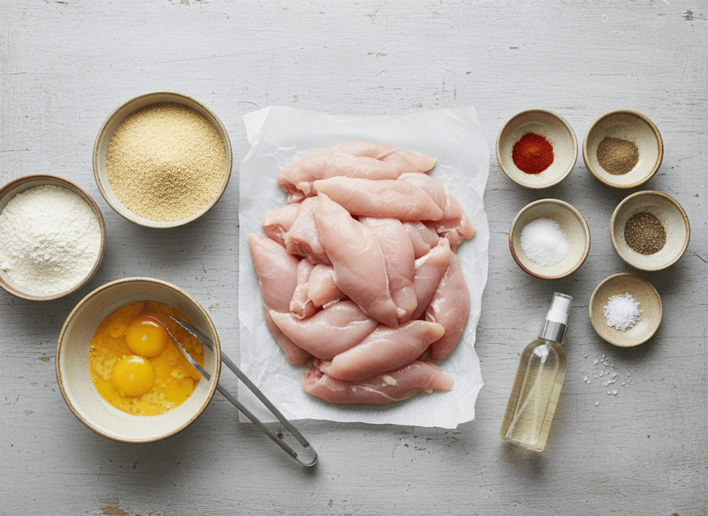Ingredients for crispy air fryer chicken tenders arranged on a kitchen table.