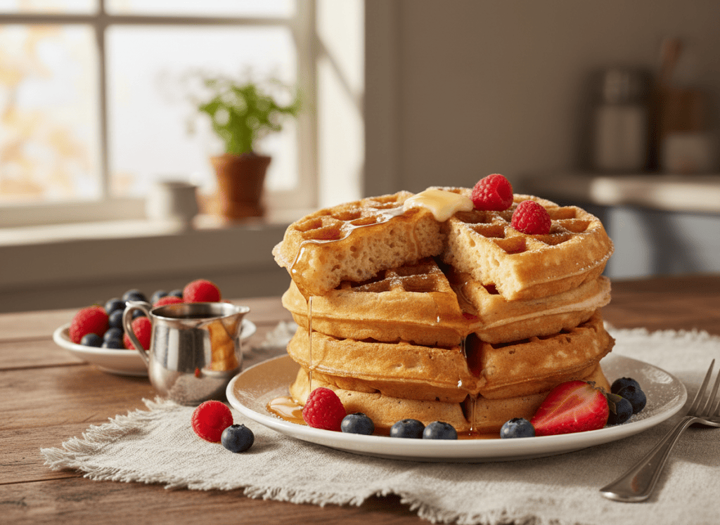 Crispy Belgian waffles with butter, maple syrup, and berries.