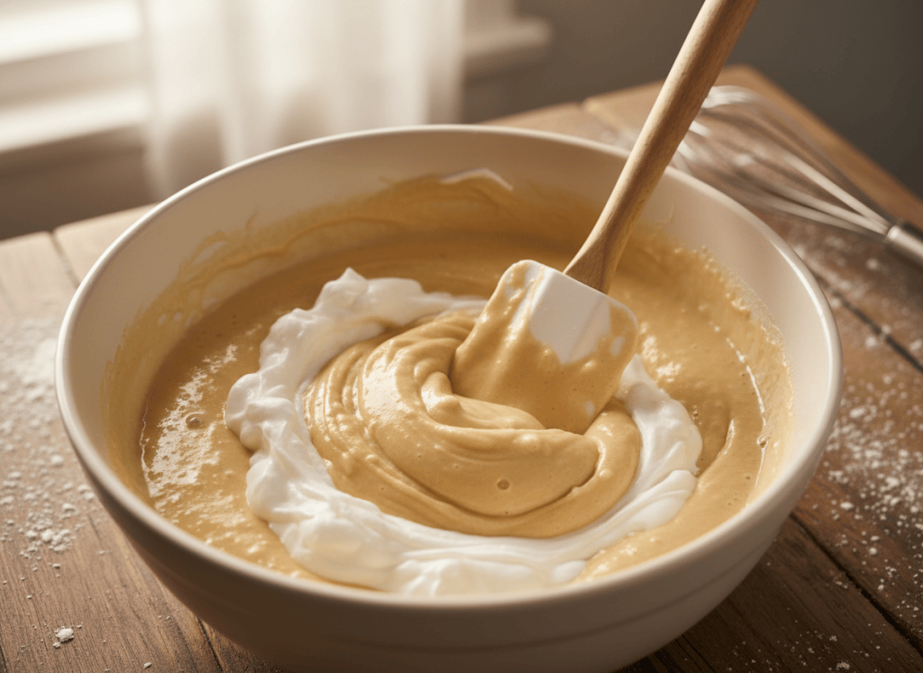 Whipped egg whites being gently folded into Belgian waffle batter.
