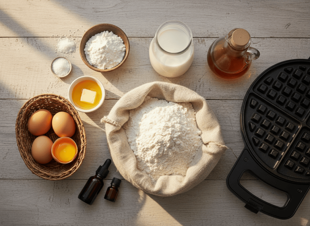 Ingredients for crispy Belgian waffles arranged on a breakfast prep table.