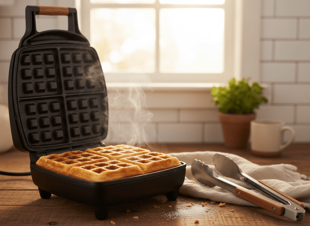 Golden Belgian waffle cooking in an open waffle iron.