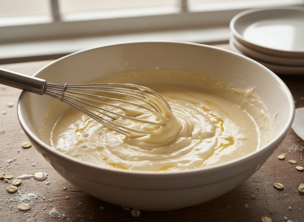 Thick buttermilk pancake batter with a few small lumps in a mixing bowl.