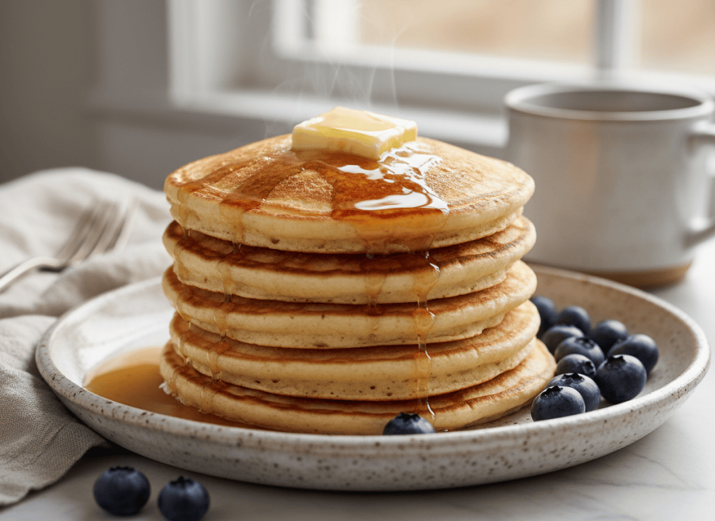 Fluffy buttermilk pancakes stacked with butter and maple syrup.