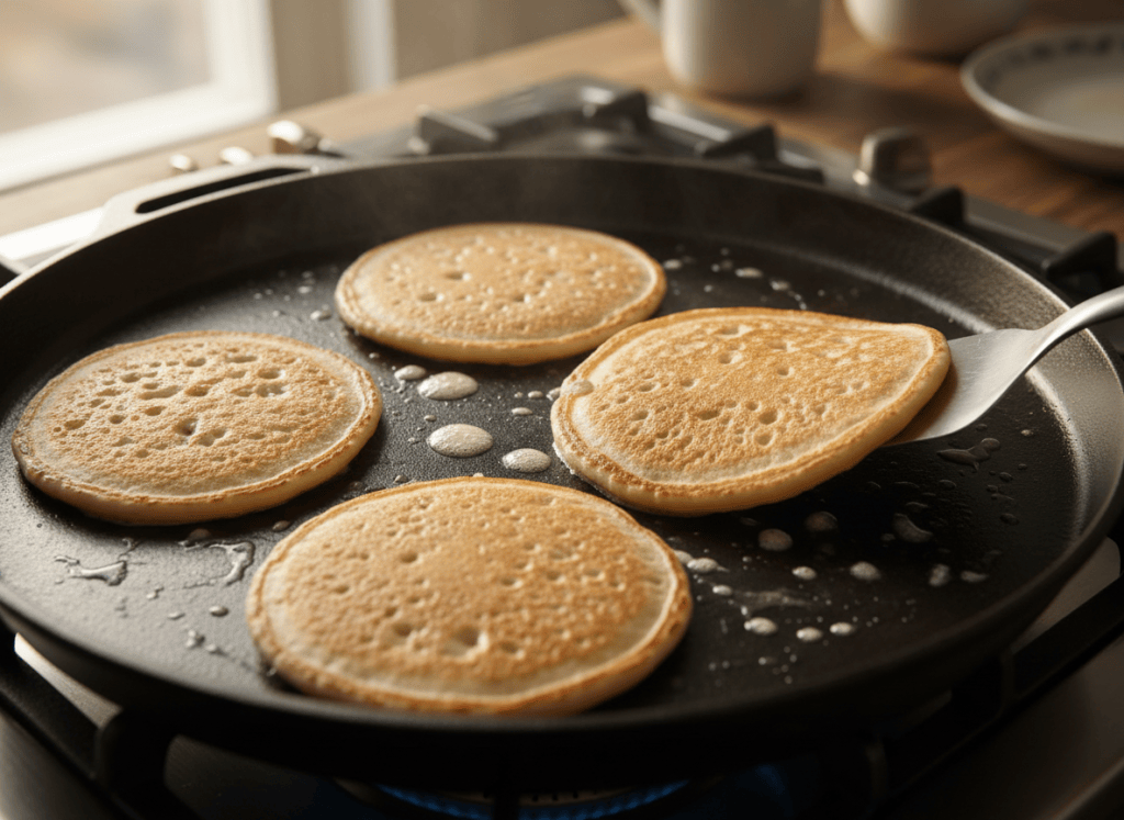 Pancakes cooking on a griddle with bubbles forming before flipping.