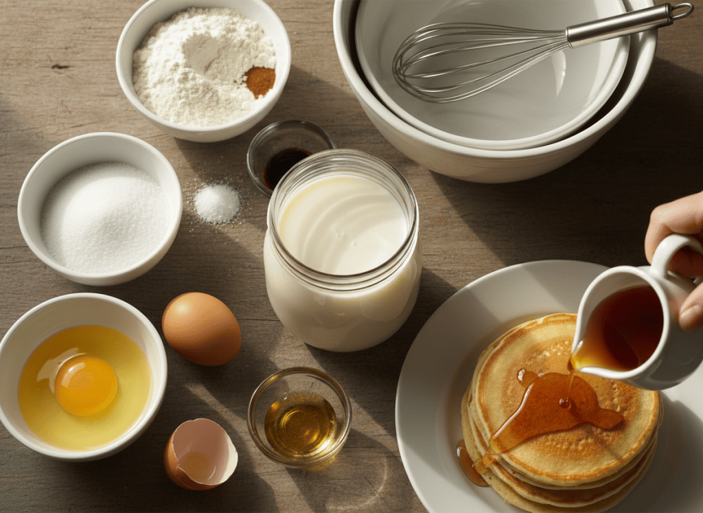 Ingredients for fluffy buttermilk pancakes arranged on a kitchen table.