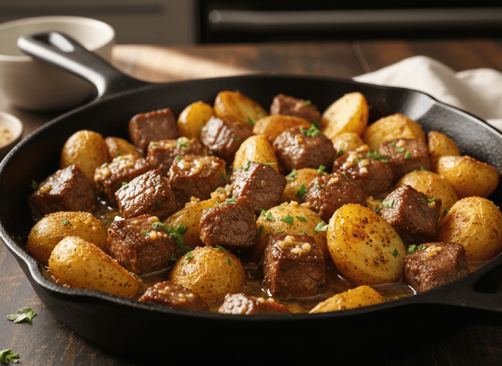 Garlic butter steak bites with crispy golden potatoes in a skillet.