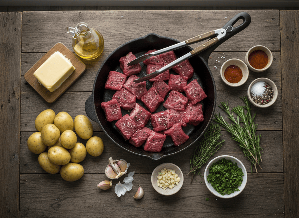 Ingredients for garlic butter steak bites and potatoes arranged on a kitchen table.