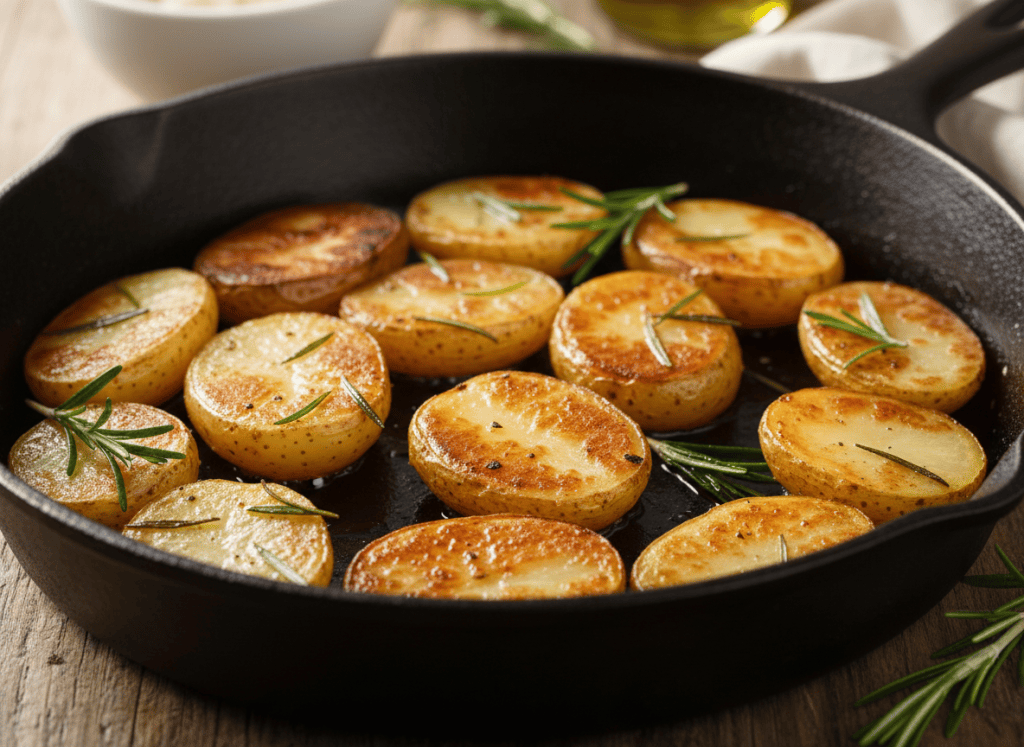 Baby potatoes searing cut-side down until golden in a skillet.