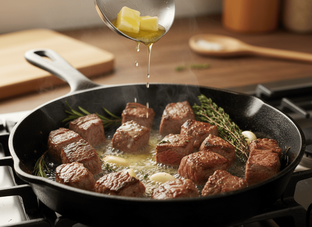 Steak bites searing with garlic butter and herbs in a cast-iron skillet.