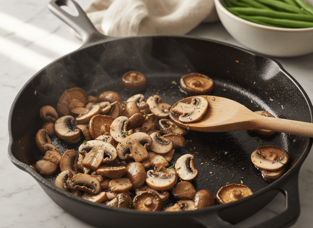 sliced mushrooms browning in butter in a skillet until their moisture evaporates for homemade green bean casserole