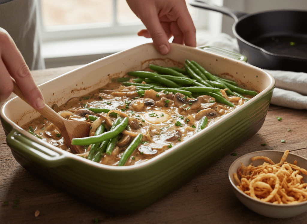 fresh blanched green beans being folded into thick creamy mushroom sauce before the casserole goes into the oven