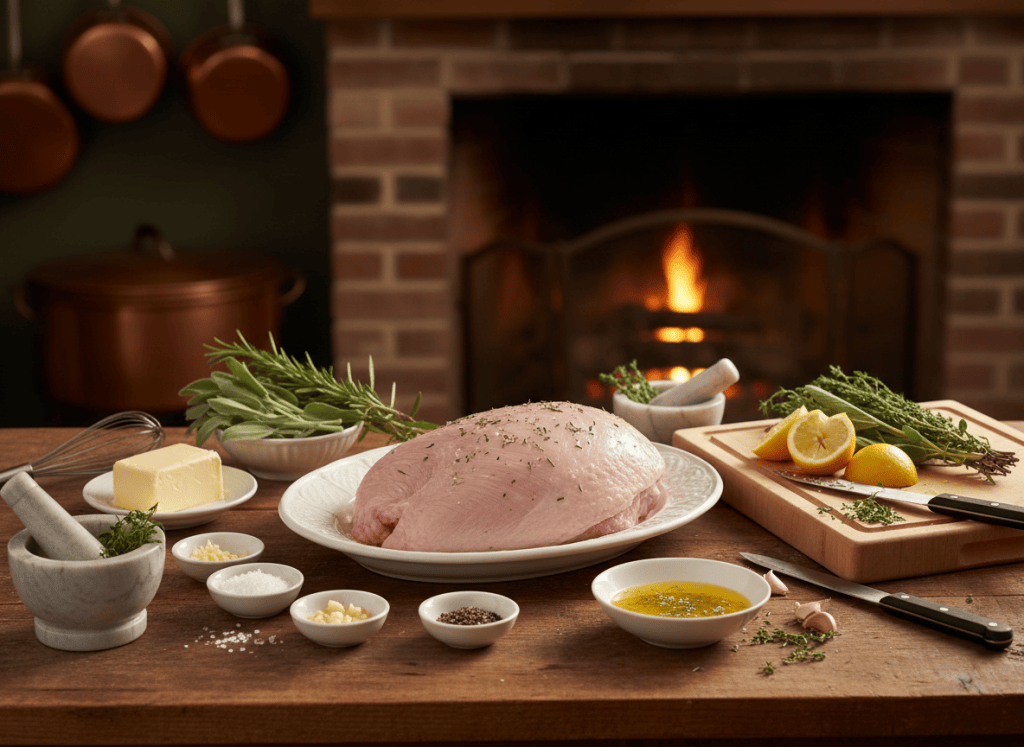 Ingredients and preparation items for Herb-Butter Roast Turkey Breast