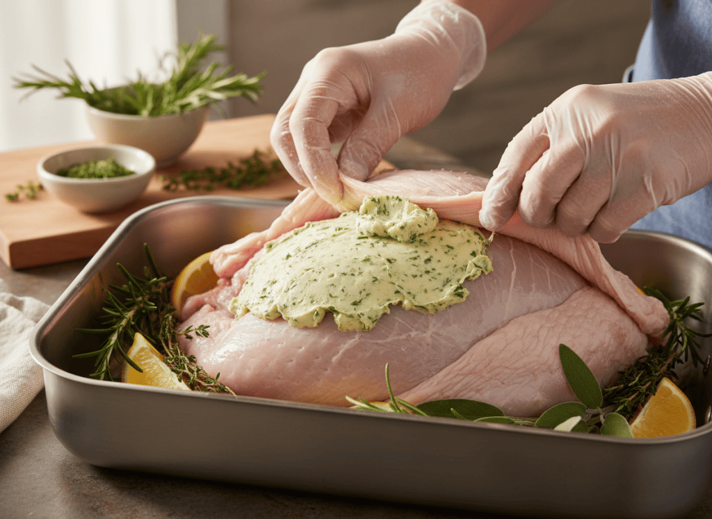 herb butter being rubbed under the skin of a raw bone-in turkey breast in a roasting pan with lemon and herbs