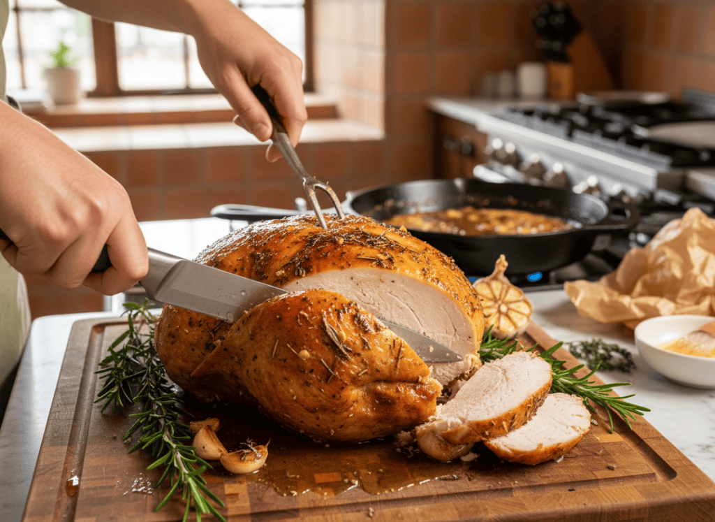 golden roasted turkey breast being carved into juicy slices on a board with rosemary and pan juices
