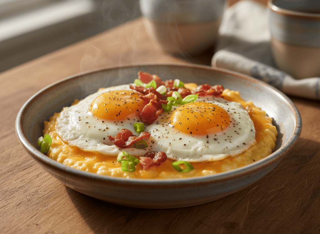 Southern cheese grits topped with fried eggs, bacon, and scallions.