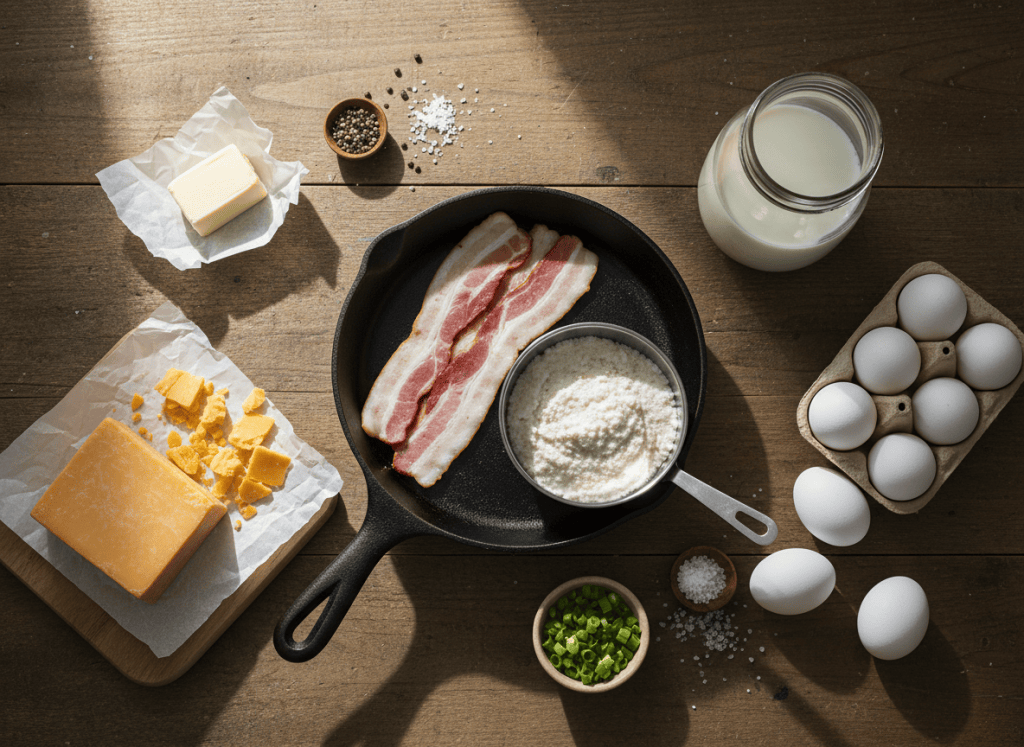 Ingredients for Southern cheese grits with fried eggs and bacon.