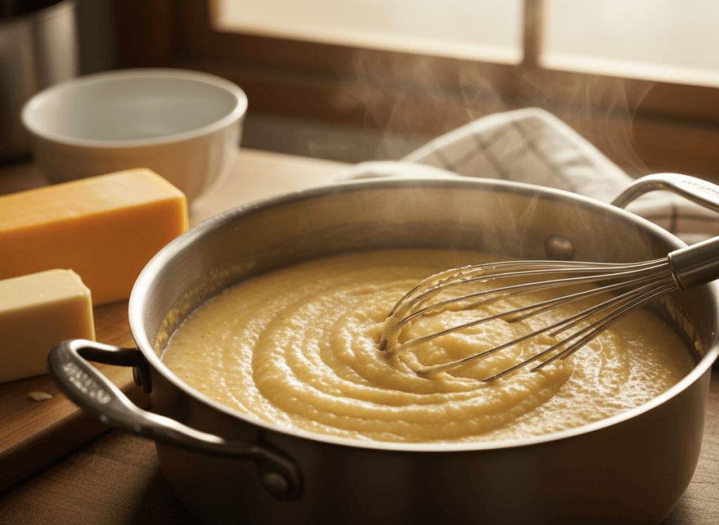 Creamy stone-ground grits cooking in a saucepan.