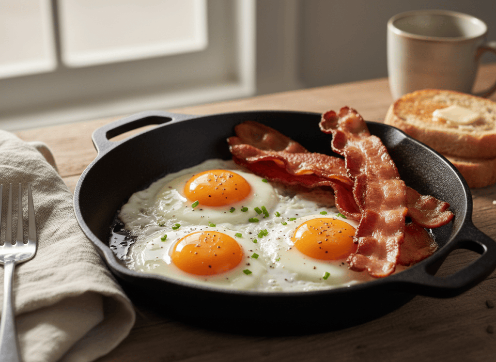 Fried eggs cooking beside crisp bacon in a skillet.