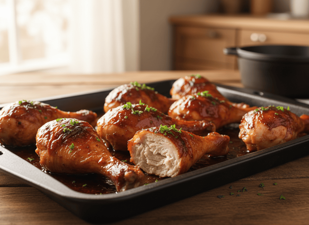 Oven-baked barbecue chicken drumsticks with a sticky glossy glaze.