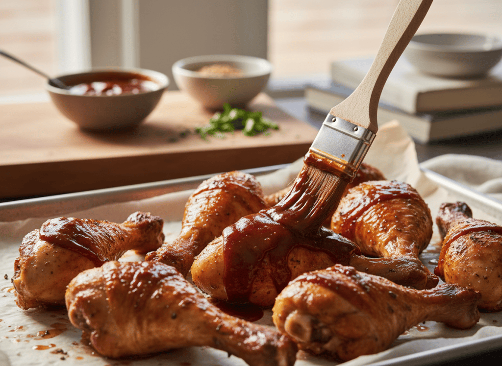 Chicken drumsticks being brushed with barbecue sauce near the end of baking.