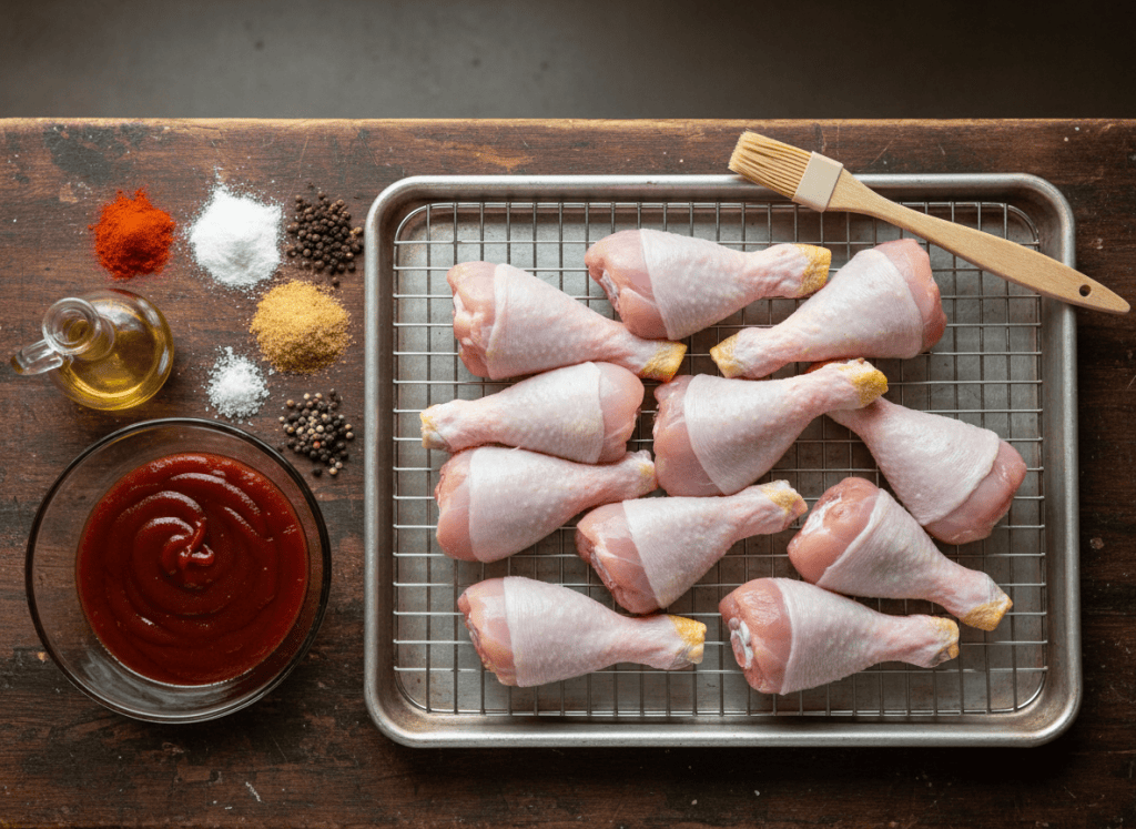 Ingredients for oven-baked barbecue chicken drumsticks arranged on a kitchen table.