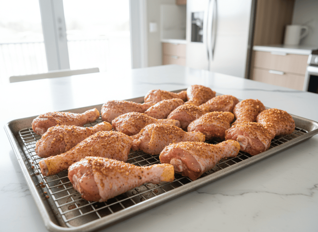 Seasoned chicken drumsticks arranged on a wire rack before baking.