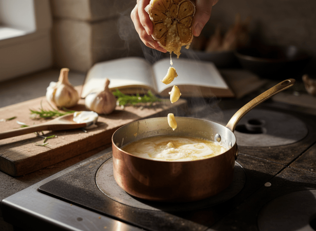 soft roasted garlic cloves being squeezed into warm melted butter and cream in a small saucepan