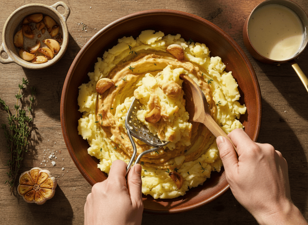 Yukon Gold potatoes being gently mashed and folded with warm roasted garlic cream until fluffy