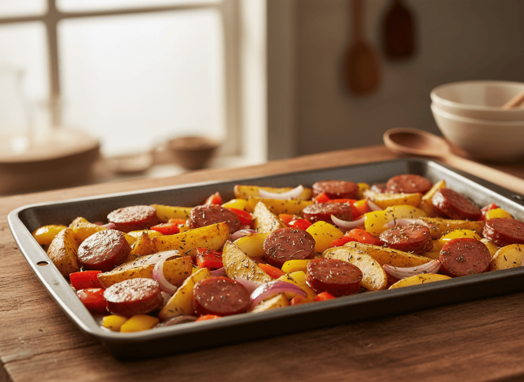 Smoked sausage, bell peppers, and onion added to partially roasted potatoes on a sheet pan.