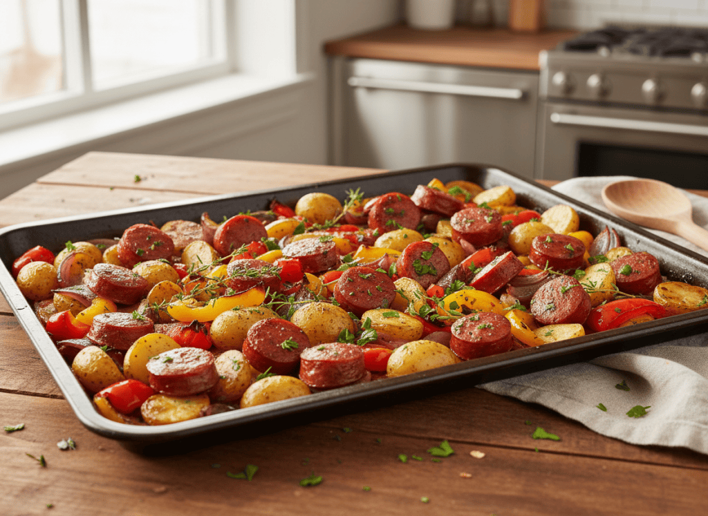 Sheet-pan smoked sausage with roasted potatoes, bell peppers, and onion.