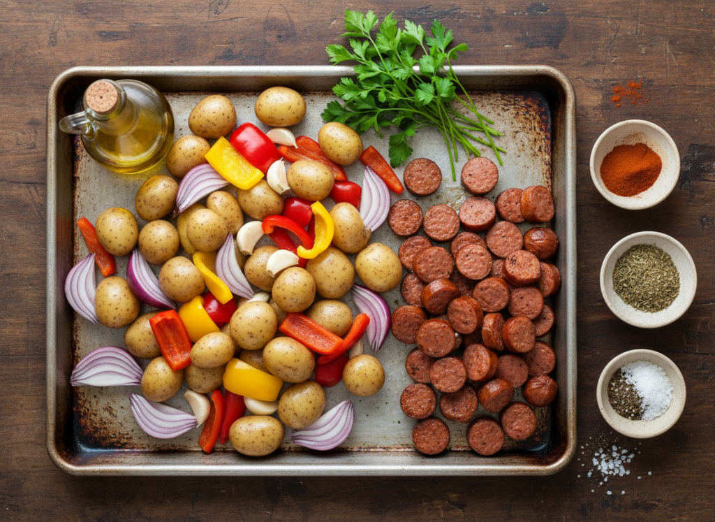 Ingredients for sheet-pan sausage, potatoes, and peppers arranged on a kitchen table.