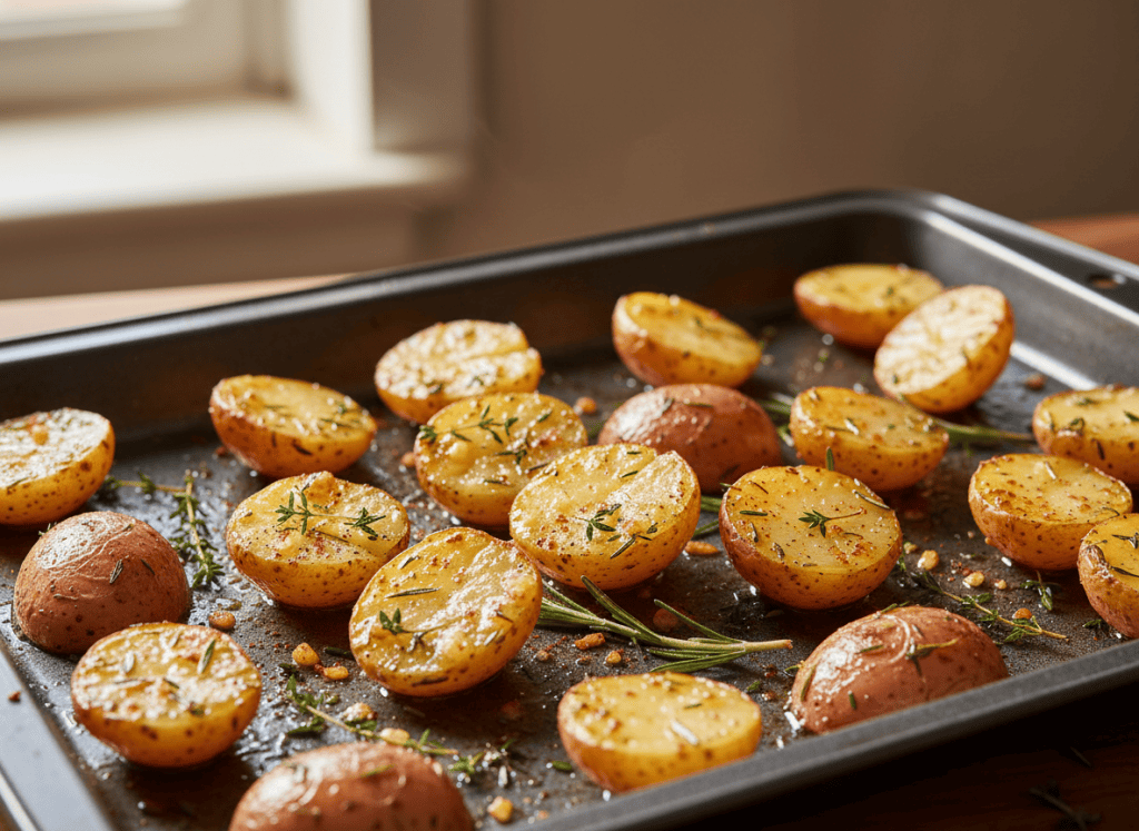 Seasoned baby potatoes beginning to roast on a sheet pan.
