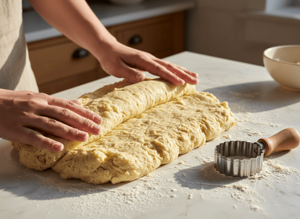 Buttermilk biscuit dough being folded and cut before baking.