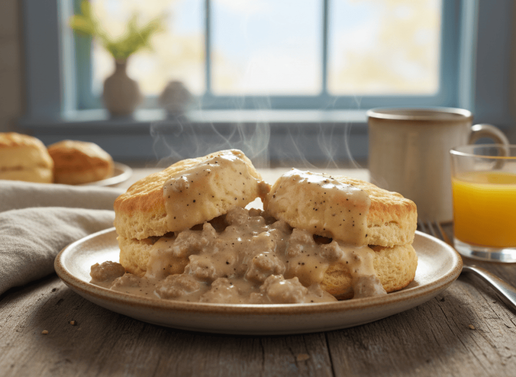 Southern biscuits covered with creamy sausage gravy on a breakfast plate.