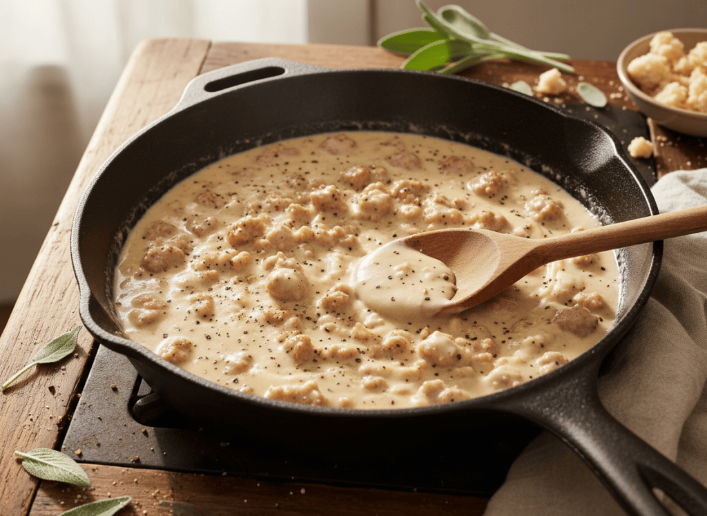 Creamy sausage gravy simmering in a cast-iron skillet.